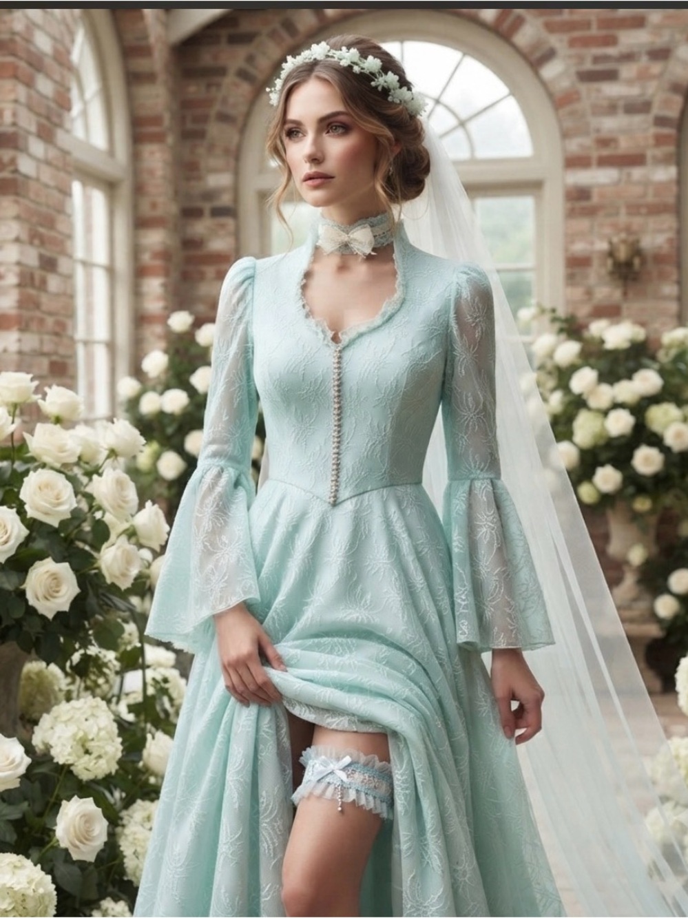 Ethereal 70s Aqua Lace Formal Gown – Matching Bridal Set choker garter small Euc